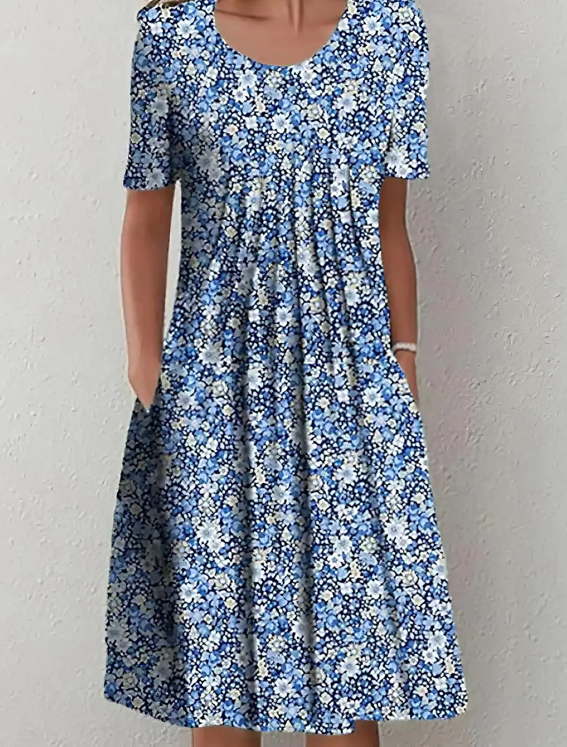 Women's Summer Boho Floral Print Sundress with Pockets 2024 Spring Casual Short Sleeve Crewneck Plus Size Beach Dress