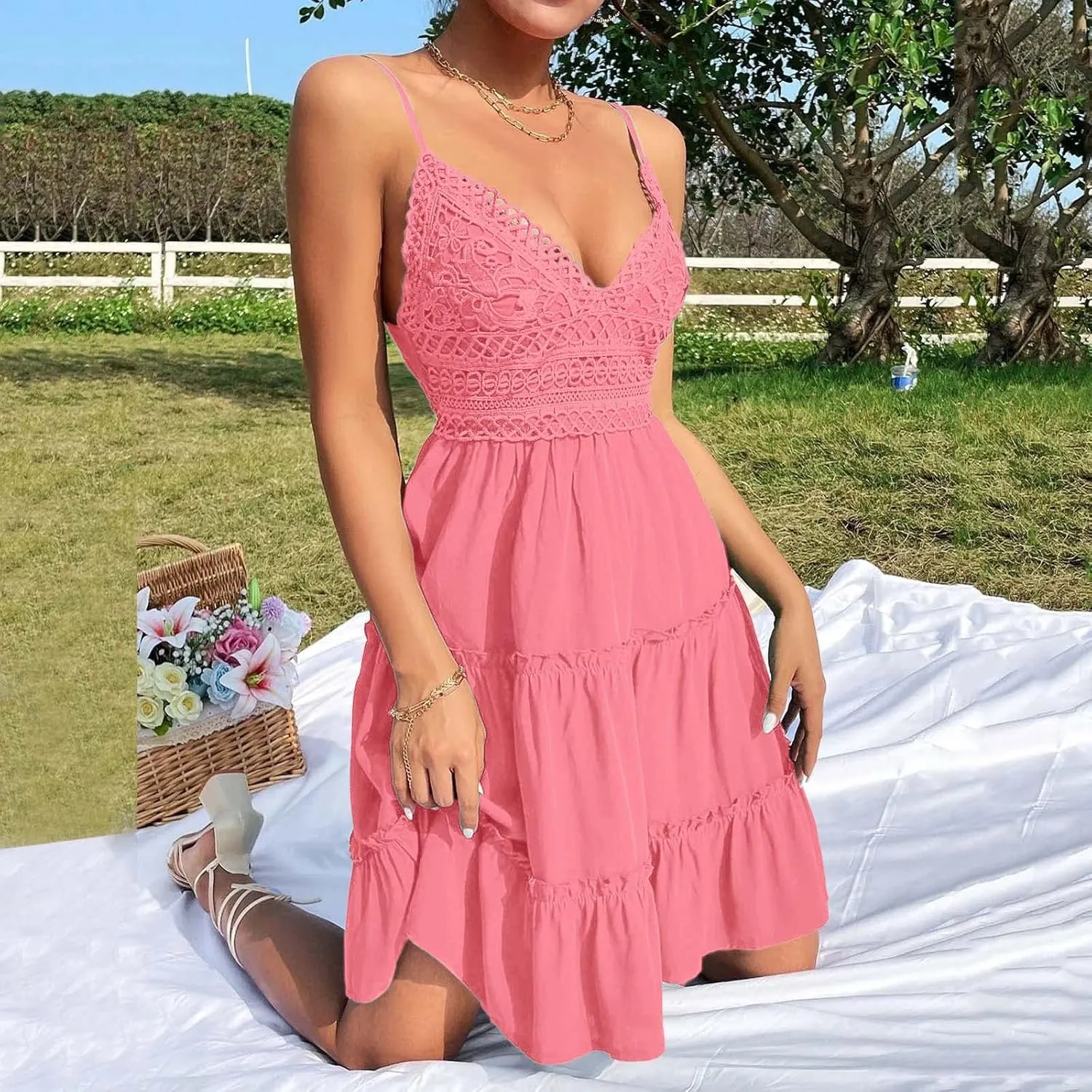Women's Summer Casual Beach Sexy Sun Dresses Trendy Lace Flowy Sexy Summer Sun Dresses 2025 Camisole Vacation Spring