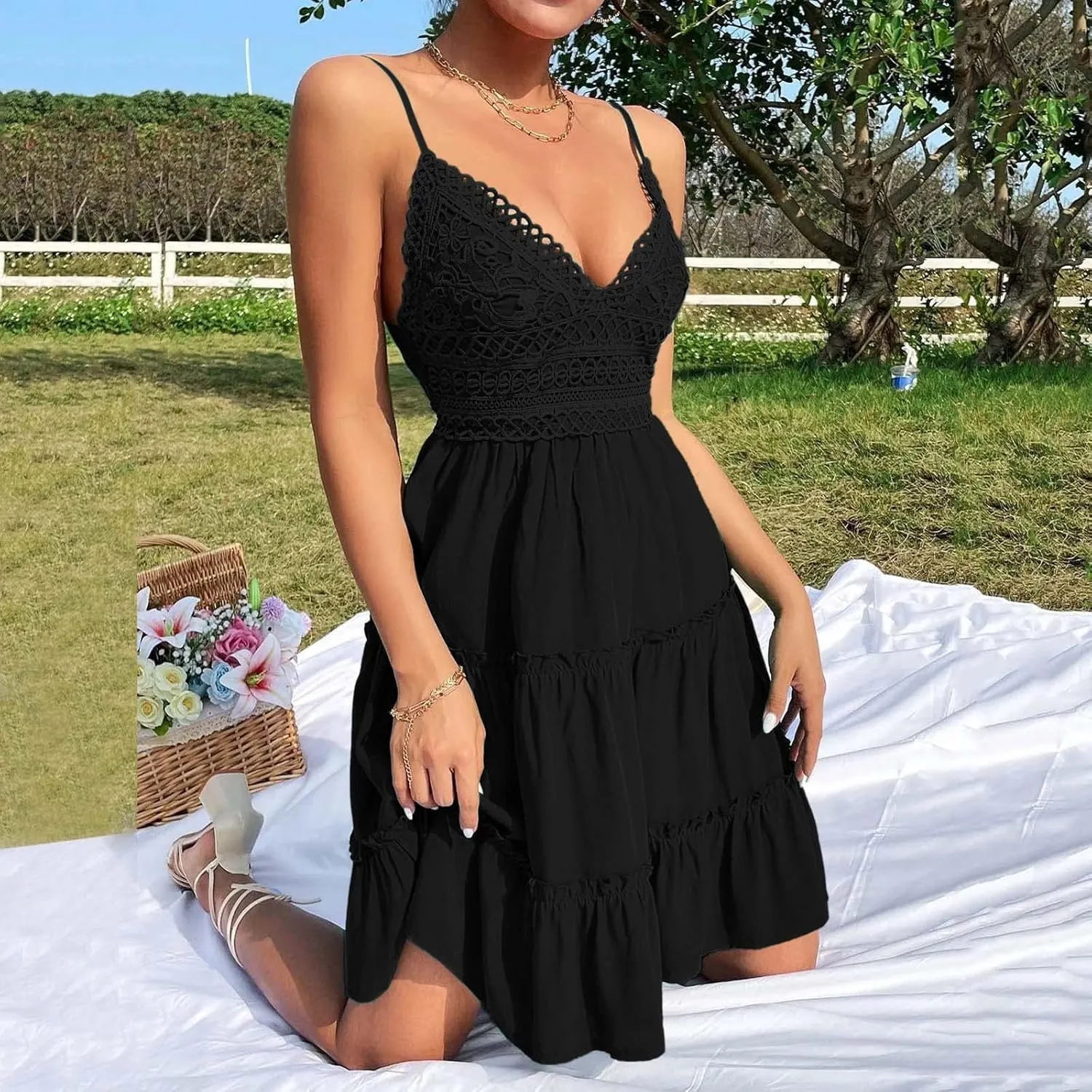 Women's Summer Casual Beach Sexy Sun Dresses Trendy Lace Flowy Sexy Summer Sun Dresses 2025 Camisole Vacation Spring