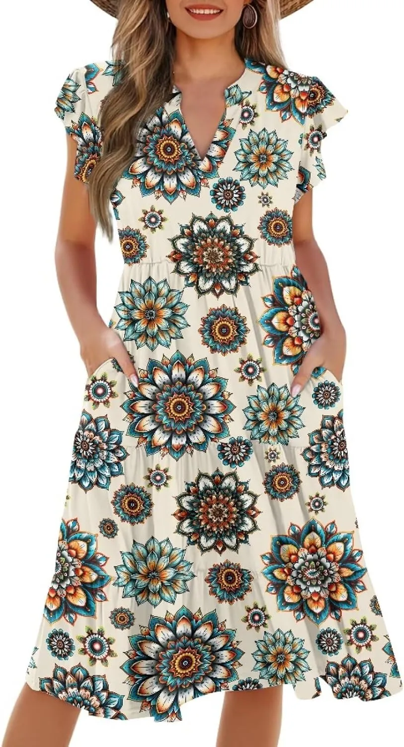 Women's Summer Casual Dresses Ruffle Sleeve V-Neck Flowy Sun Dress Short Party Dress with Pockets, S-2XL