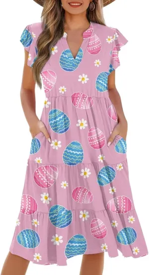 Women's Summer Casual Dresses Ruffle Sleeve V-Neck Flowy Sun Dress Short Party Dress with Pockets, S-2XL