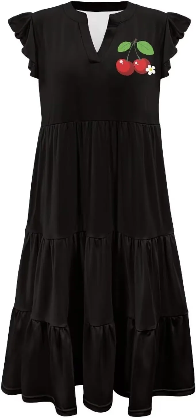 Women's Summer Casual Dresses Ruffle Sleeve V-Neck Flowy Sun Dress Short Party Dress with Pockets, S-2XL