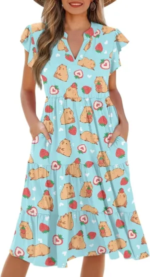 Women's Summer Casual Dresses Ruffle Sleeve V-Neck Flowy Sun Dress Short Party Dress with Pockets, S-2XL