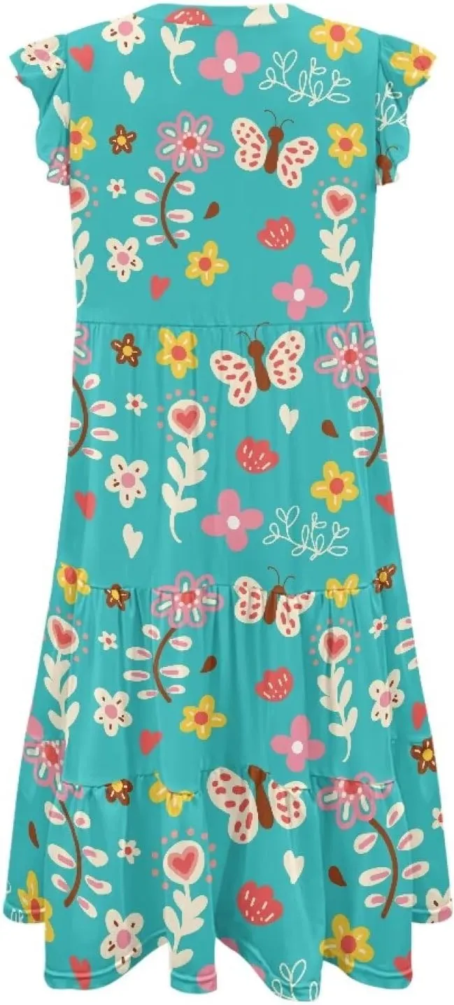 Women's Summer Casual Dresses Ruffle Sleeve V-Neck Flowy Sun Dress Short Party Dress with Pockets, S-2XL