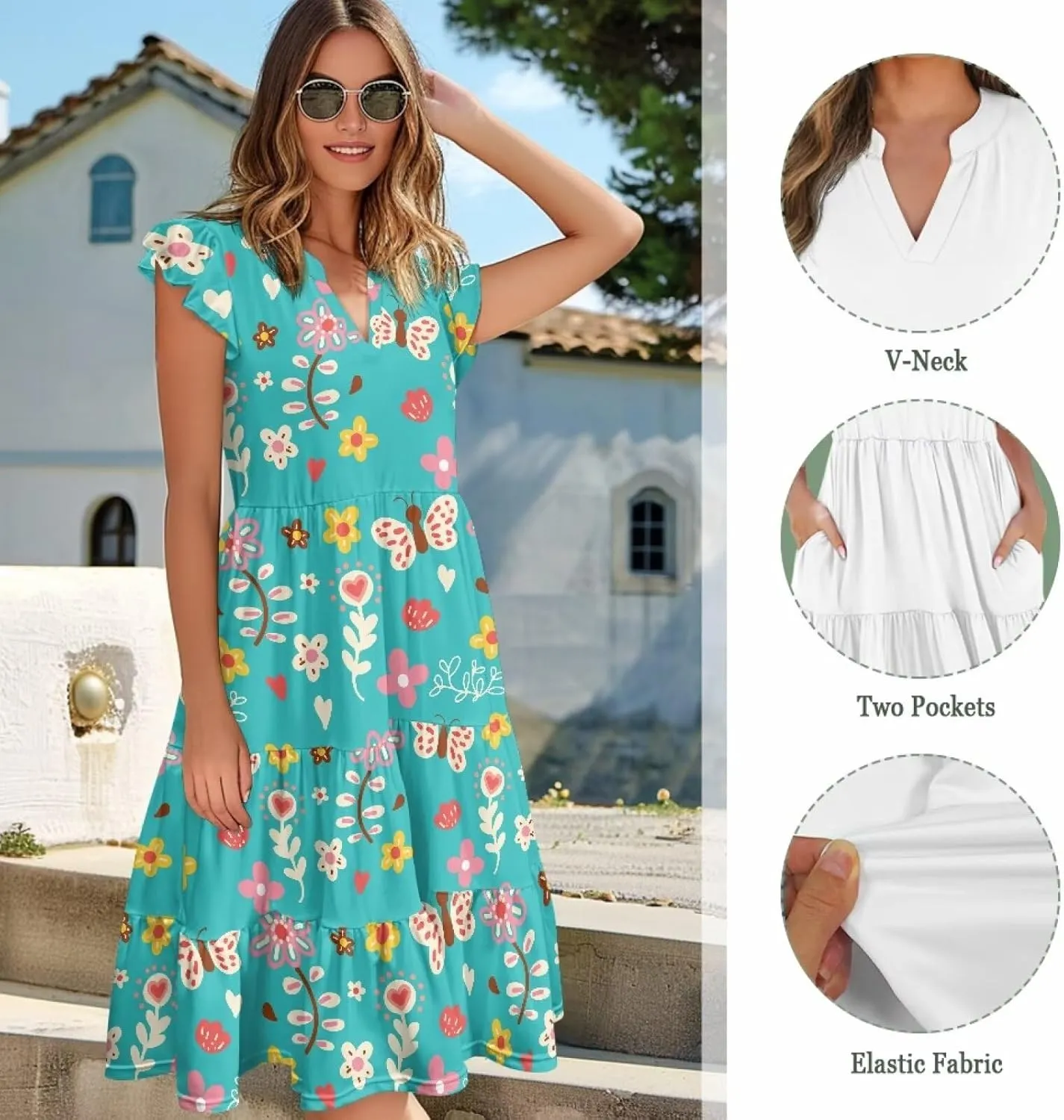 Women's Summer Casual Dresses Ruffle Sleeve V-Neck Flowy Sun Dress Short Party Dress with Pockets, S-2XL