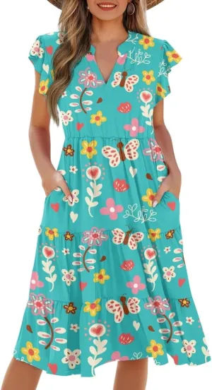 Women's Summer Casual Dresses Ruffle Sleeve V-Neck Flowy Sun Dress Short Party Dress with Pockets, S-2XL