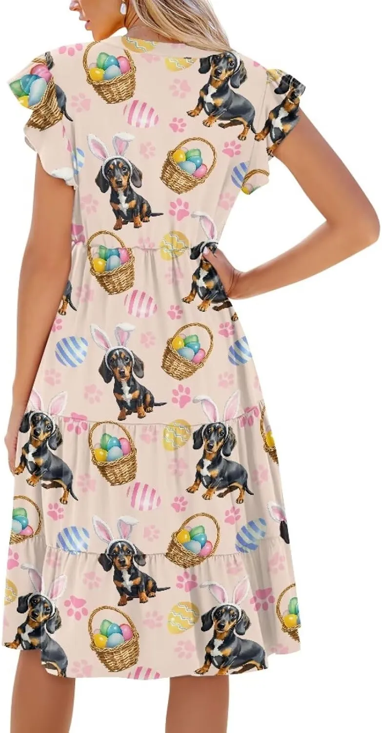 Women's Summer Casual Dresses Ruffle Sleeve V-Neck Flowy Sun Dress Short Party Dress with Pockets, S-2XL
