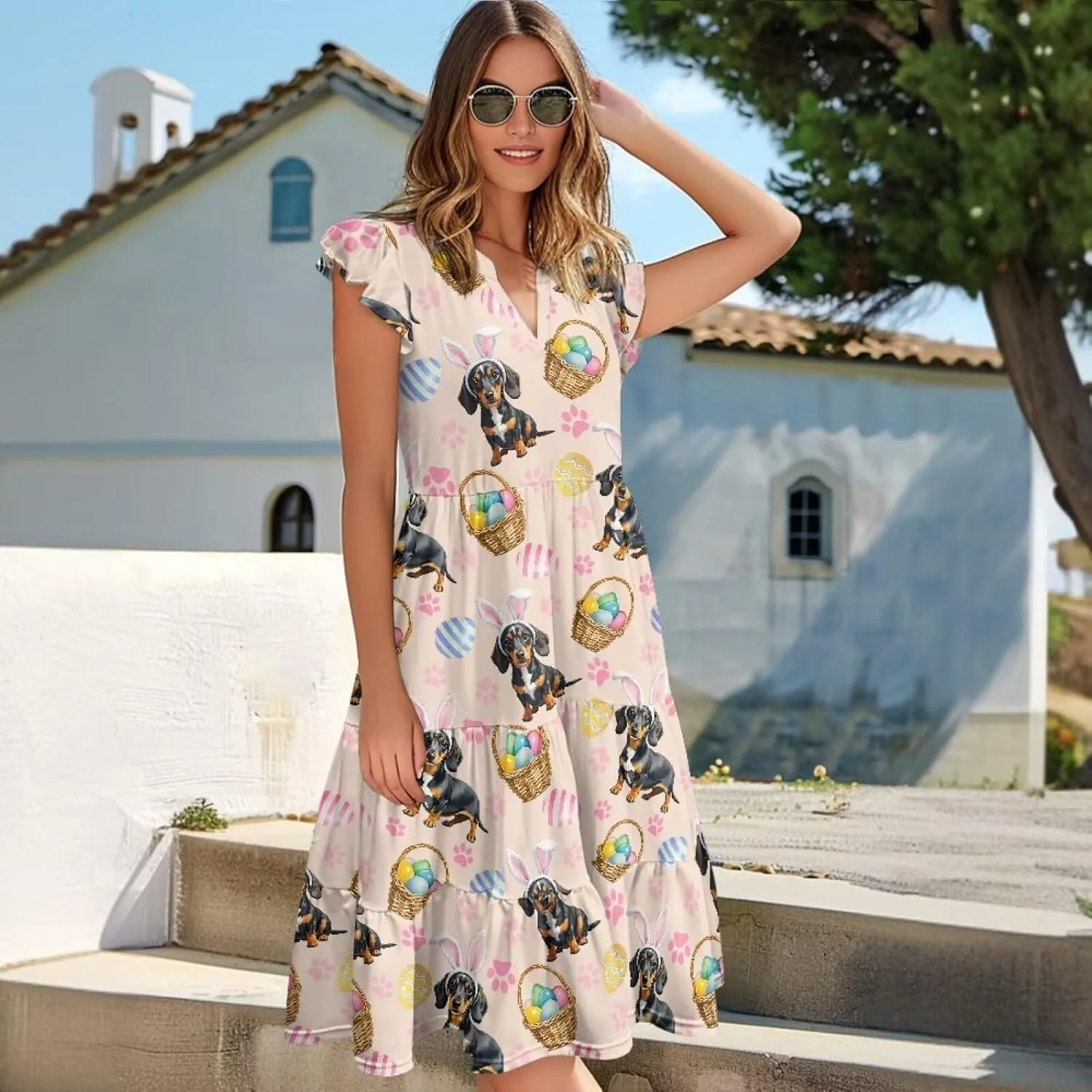Women's Summer Casual Dresses Ruffle Sleeve V-Neck Flowy Sun Dress Short Party Dress with Pockets, S-2XL