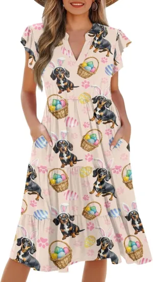 Women's Summer Casual Dresses Ruffle Sleeve V-Neck Flowy Sun Dress Short Party Dress with Pockets, S-2XL