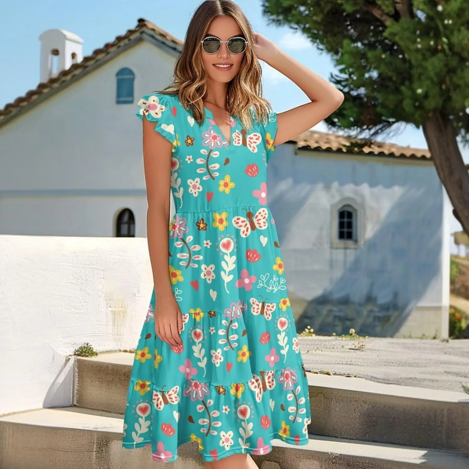 Women's Summer Casual Dresses Ruffle Sleeve V-Neck Flowy Sun Dress Short Party Dress with Pockets, S-2XL