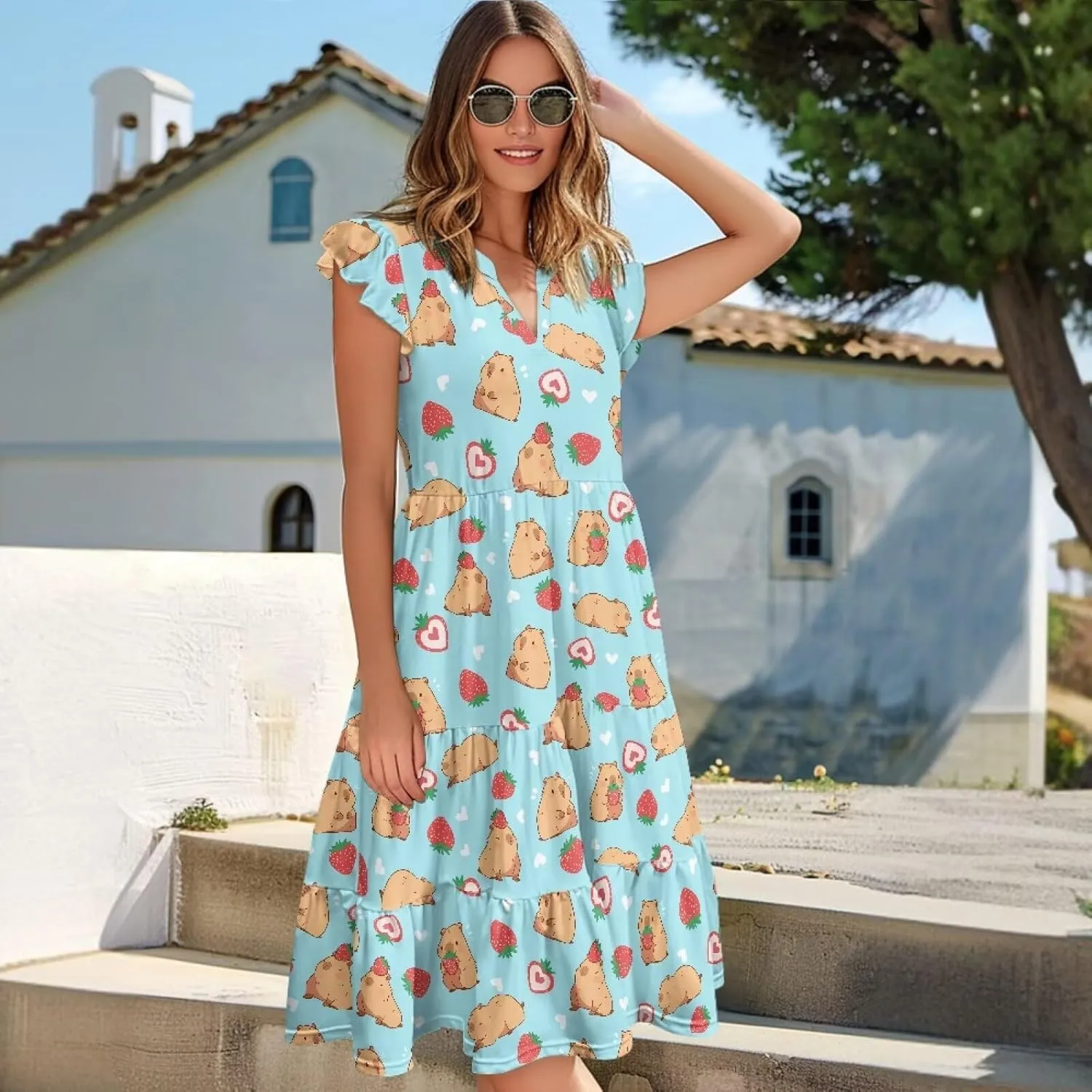 Women's Summer Casual Dresses Ruffle Sleeve V-Neck Flowy Sun Dress Short Party Dress with Pockets, S-2XL