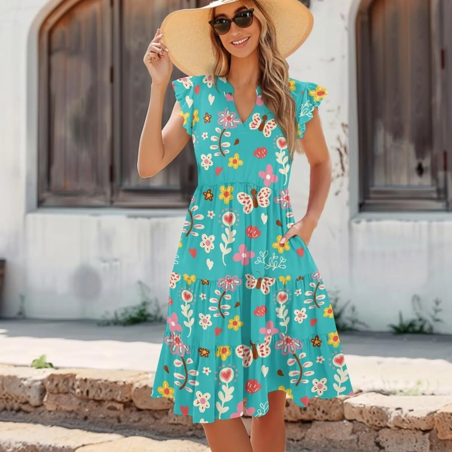 Women's Summer Casual Dresses Ruffle Sleeve V-Neck Flowy Sun Dress Short Party Dress with Pockets, S-2XL