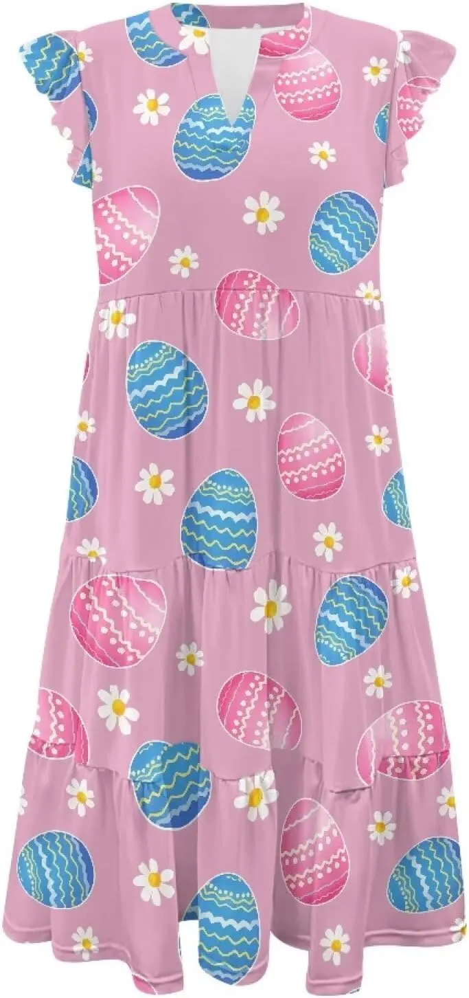 Women's Summer Casual Dresses Ruffle Sleeve V-Neck Flowy Sun Dress Short Party Dress with Pockets, S-2XL