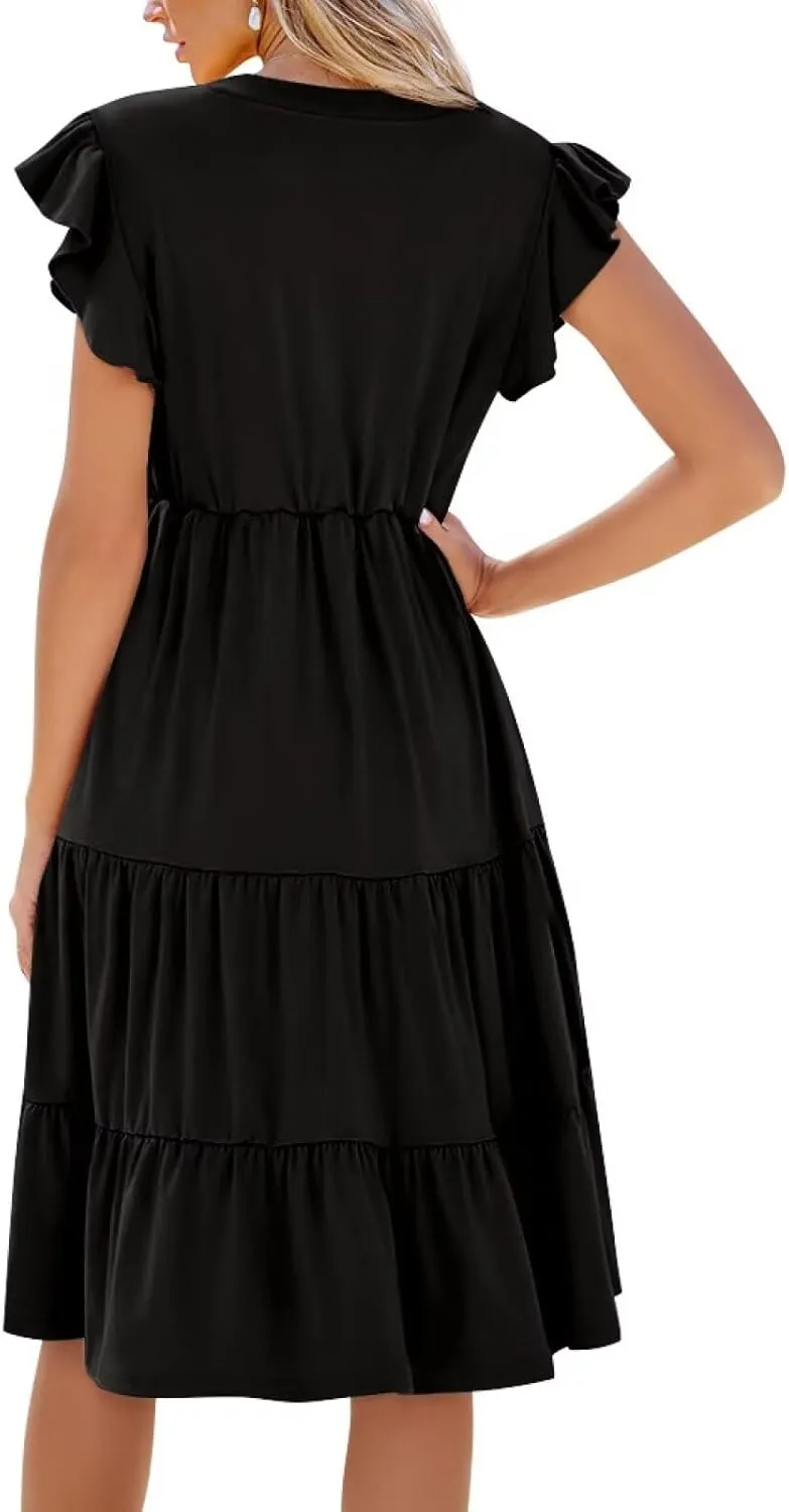 Women's Summer Casual Dresses Ruffle Sleeve V-Neck Flowy Sun Dress Short Party Dress with Pockets, S-2XL