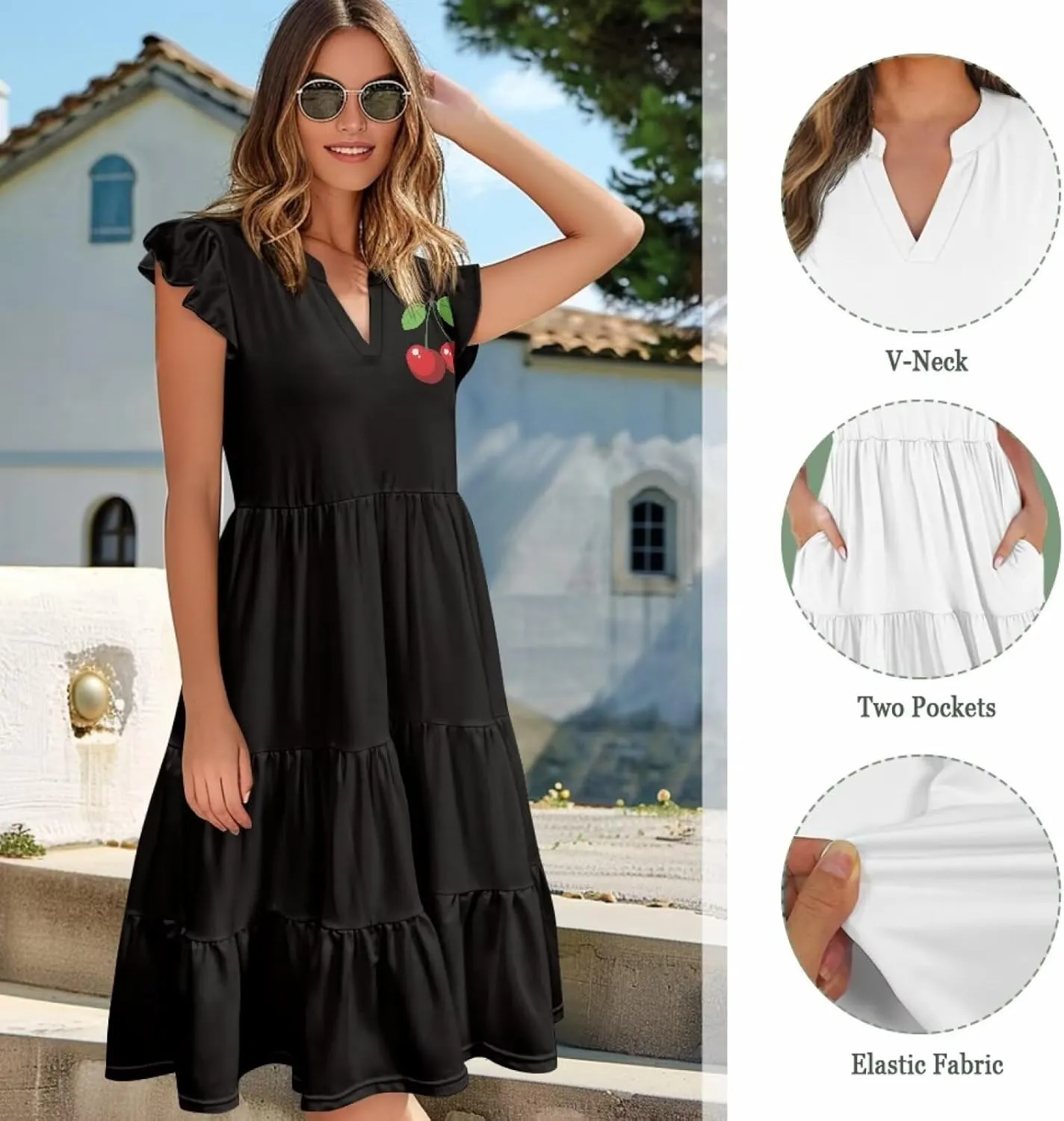 Women's Summer Casual Dresses Ruffle Sleeve V-Neck Flowy Sun Dress Short Party Dress with Pockets, S-2XL