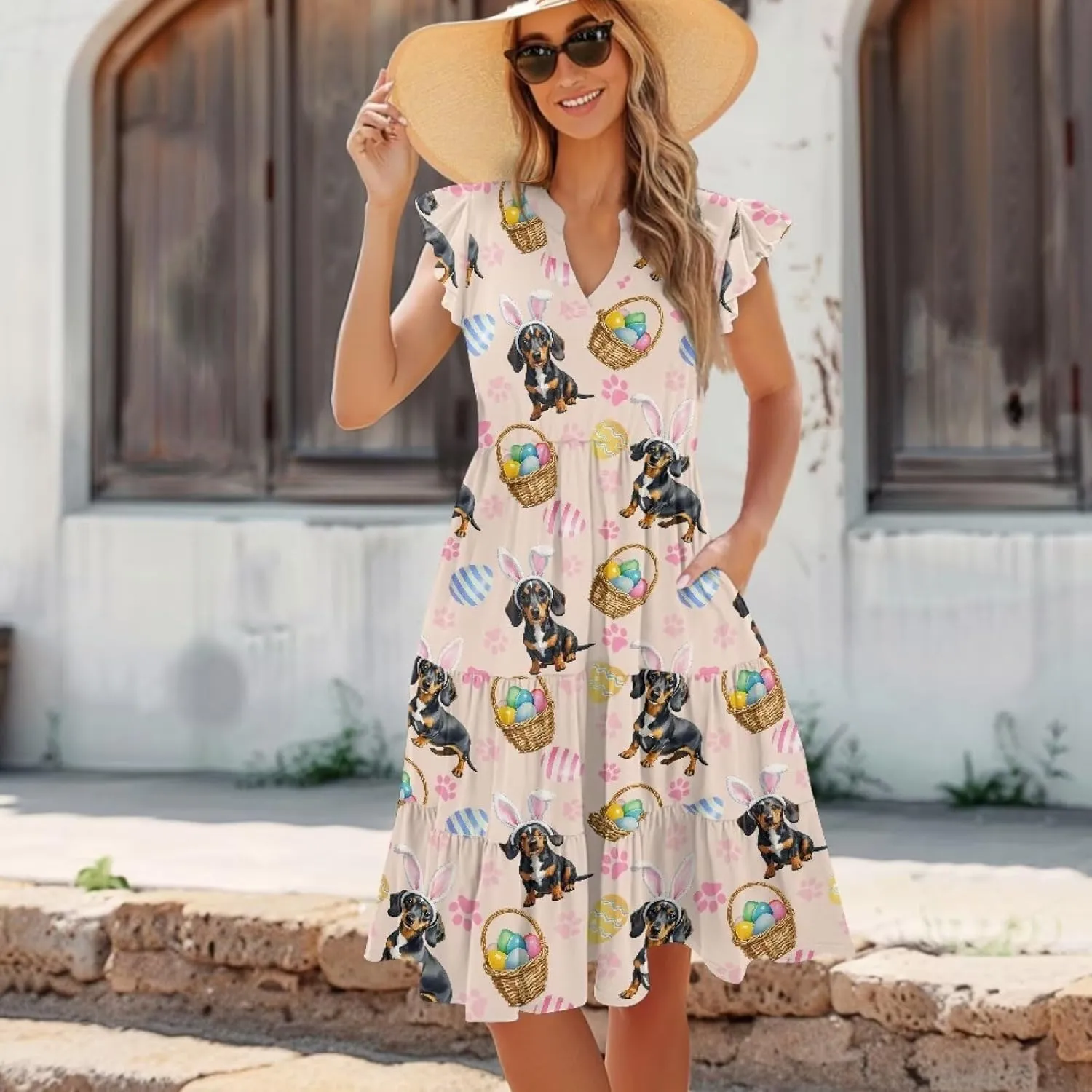 Women's Summer Casual Dresses Ruffle Sleeve V-Neck Flowy Sun Dress Short Party Dress with Pockets, S-2XL