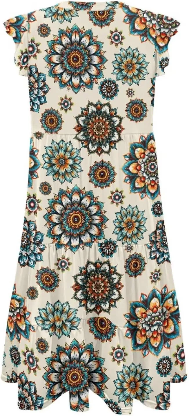 Women's Summer Casual Dresses Ruffle Sleeve V-Neck Flowy Sun Dress Short Party Dress with Pockets, S-2XL
