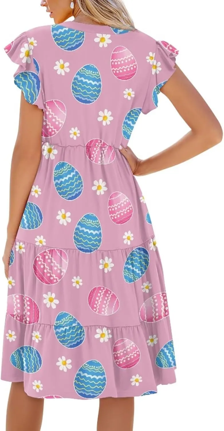 Women's Summer Casual Dresses Ruffle Sleeve V-Neck Flowy Sun Dress Short Party Dress with Pockets, S-2XL
