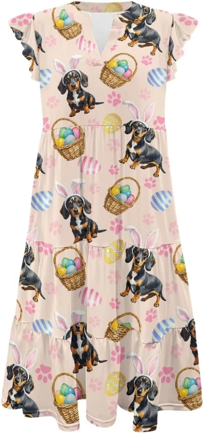 Women's Summer Casual Dresses Ruffle Sleeve V-Neck Flowy Sun Dress Short Party Dress with Pockets, S-2XL