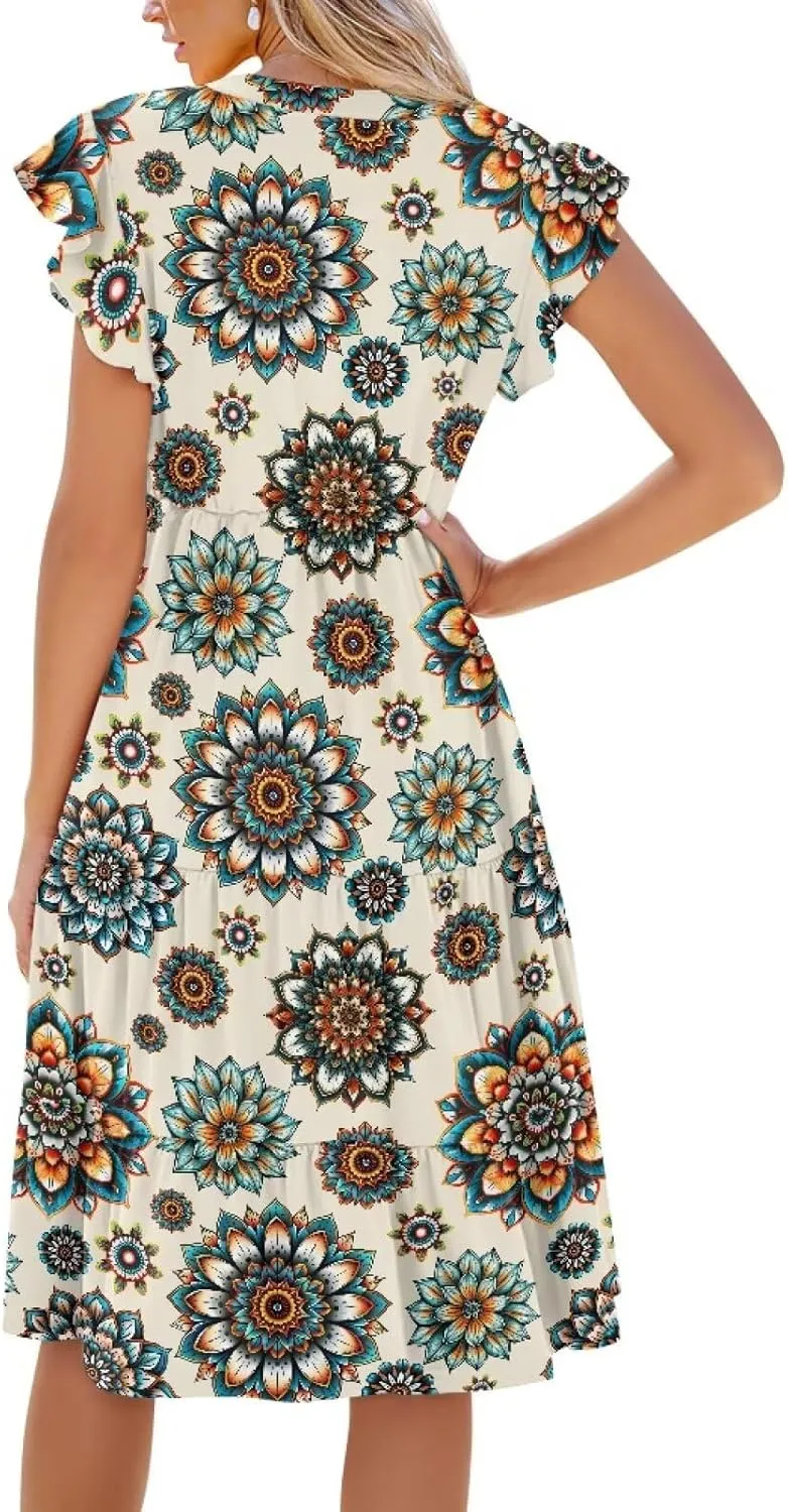 Women's Summer Casual Dresses Ruffle Sleeve V-Neck Flowy Sun Dress Short Party Dress with Pockets, S-2XL