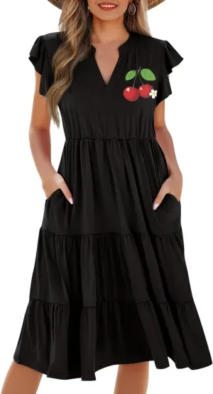 Women's Summer Casual Dresses Ruffle Sleeve V-Neck Flowy Sun Dress Short Party Dress with Pockets, S-2XL