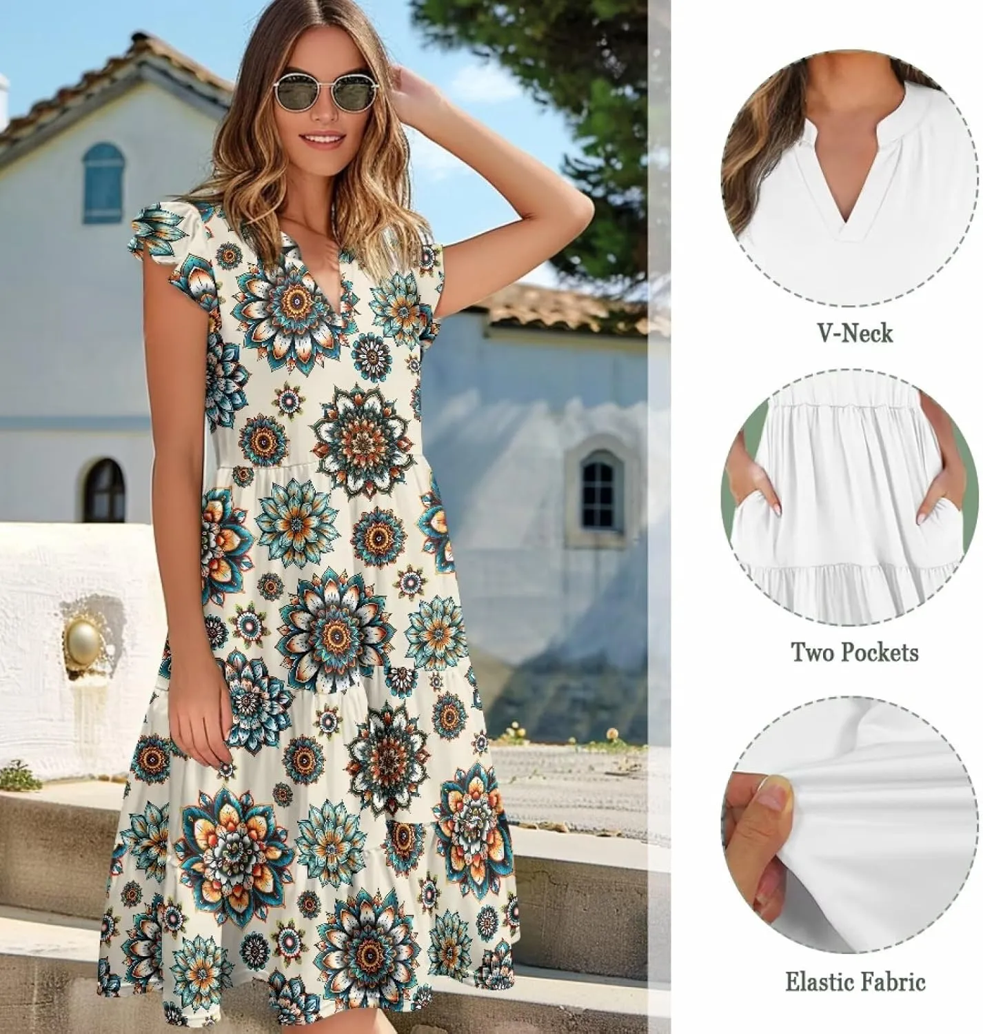 Women's Summer Casual Dresses Ruffle Sleeve V-Neck Flowy Sun Dress Short Party Dress with Pockets, S-2XL