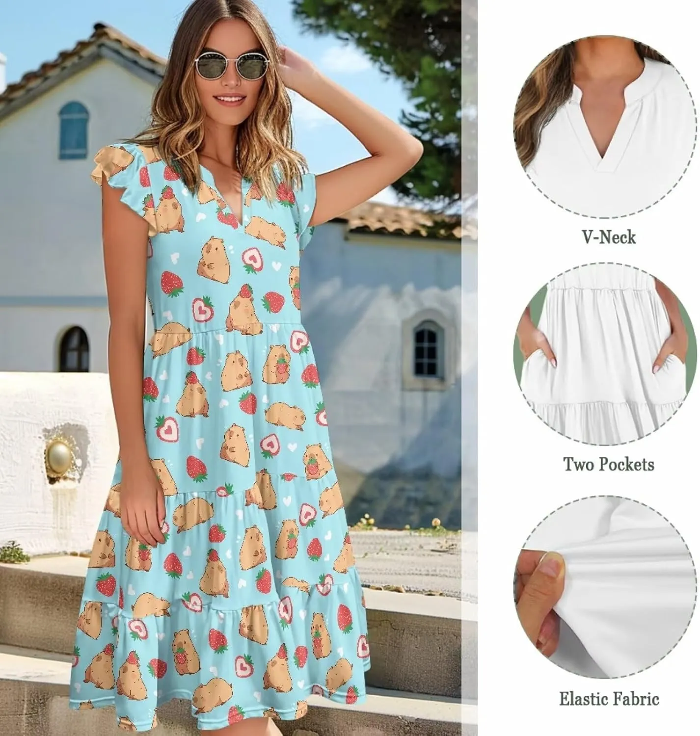 Women's Summer Casual Dresses Ruffle Sleeve V-Neck Flowy Sun Dress Short Party Dress with Pockets, S-2XL