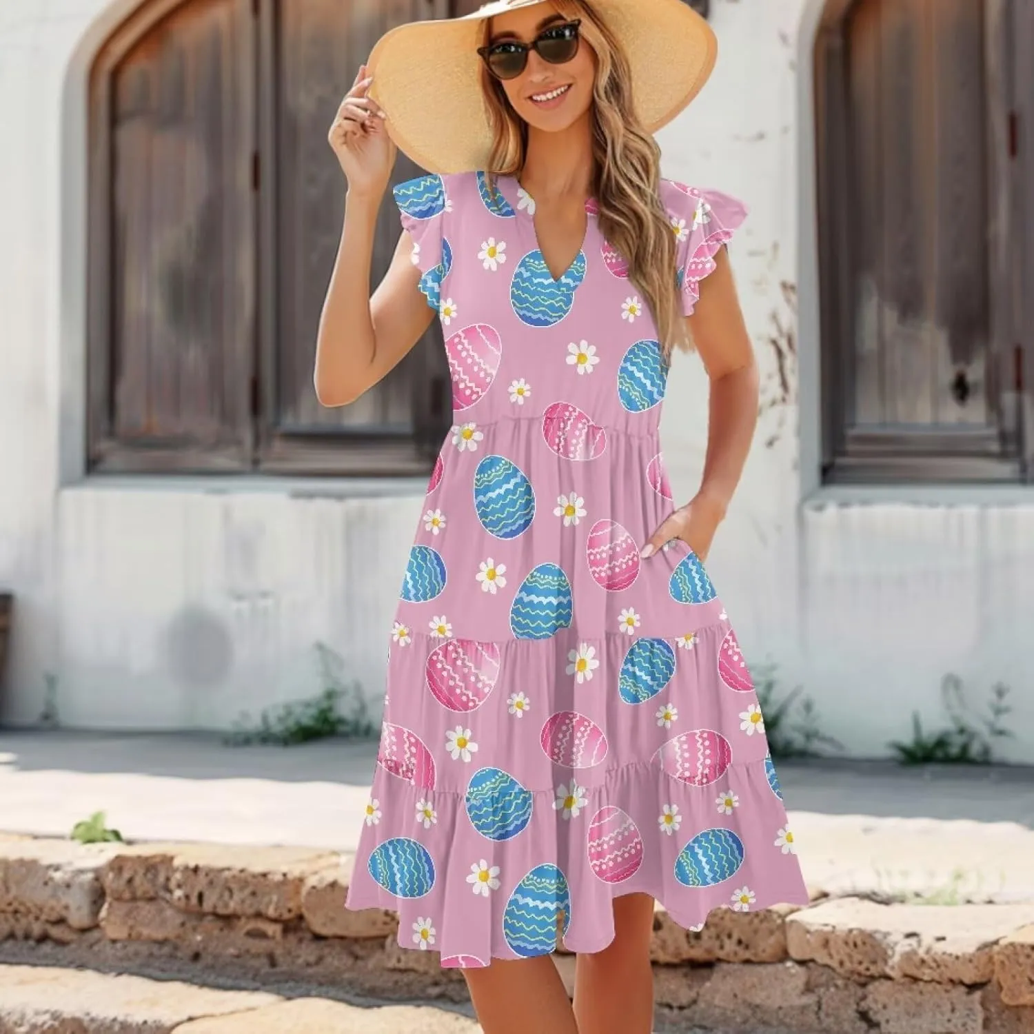 Women's Summer Casual Dresses Ruffle Sleeve V-Neck Flowy Sun Dress Short Party Dress with Pockets, S-2XL