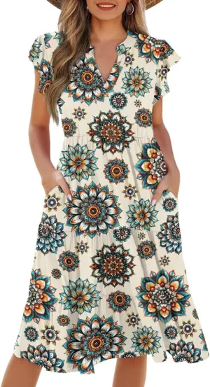 Women's Summer Casual Dresses Ruffle Sleeve V-Neck Flowy Sun Dress Short Party Dress with Pockets, S-2XL
