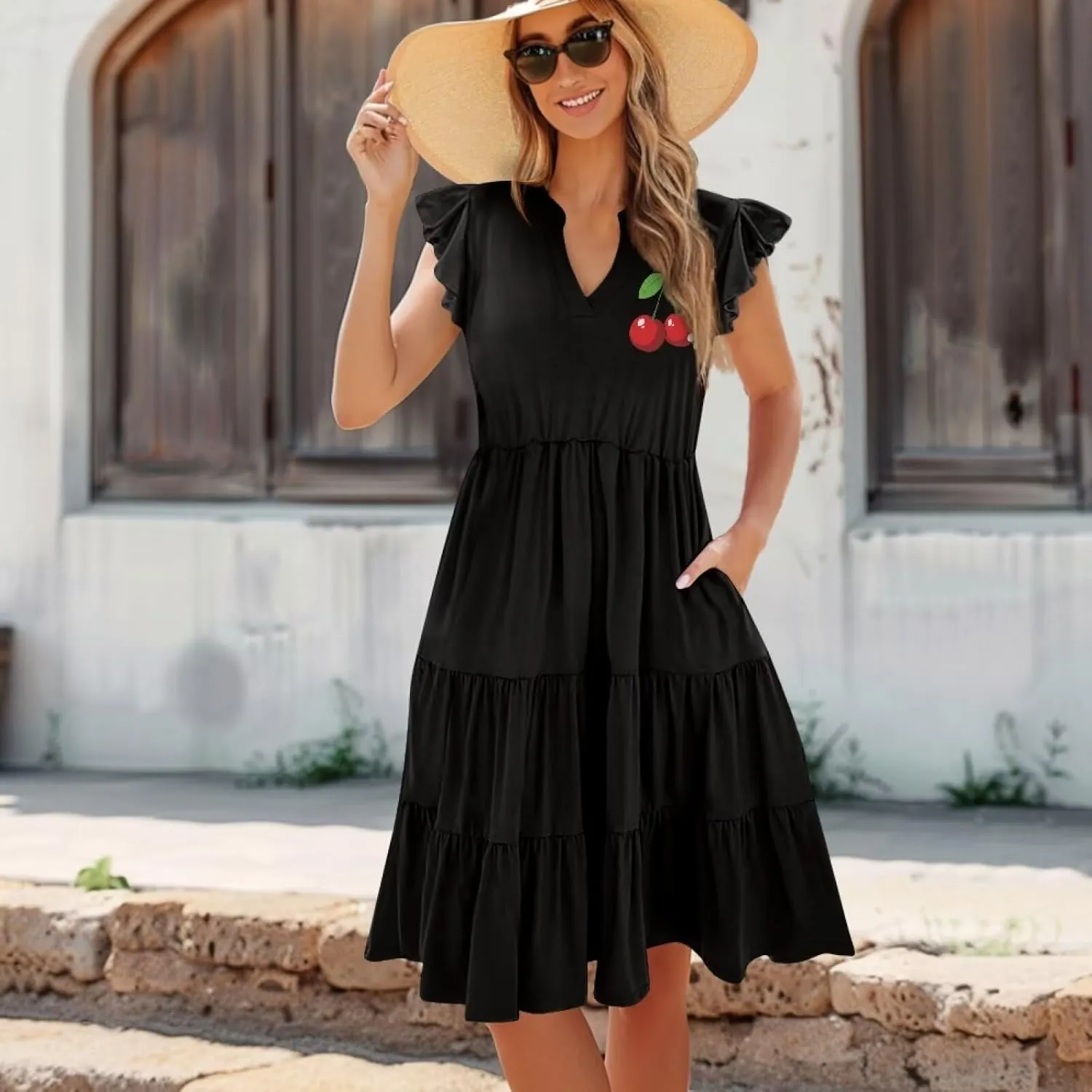 Women's Summer Casual Dresses Ruffle Sleeve V-Neck Flowy Sun Dress Short Party Dress with Pockets, S-2XL