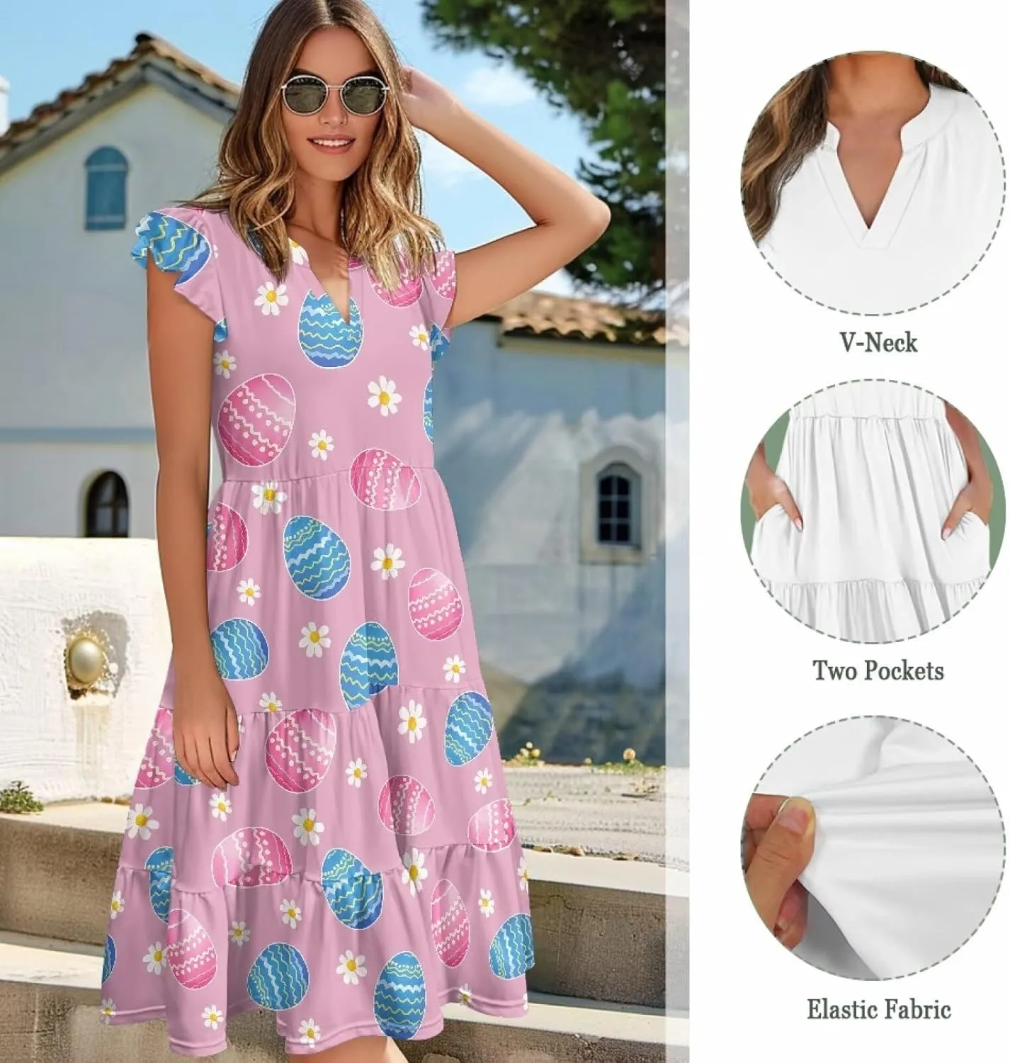 Women's Summer Casual Dresses Ruffle Sleeve V-Neck Flowy Sun Dress Short Party Dress with Pockets, S-2XL