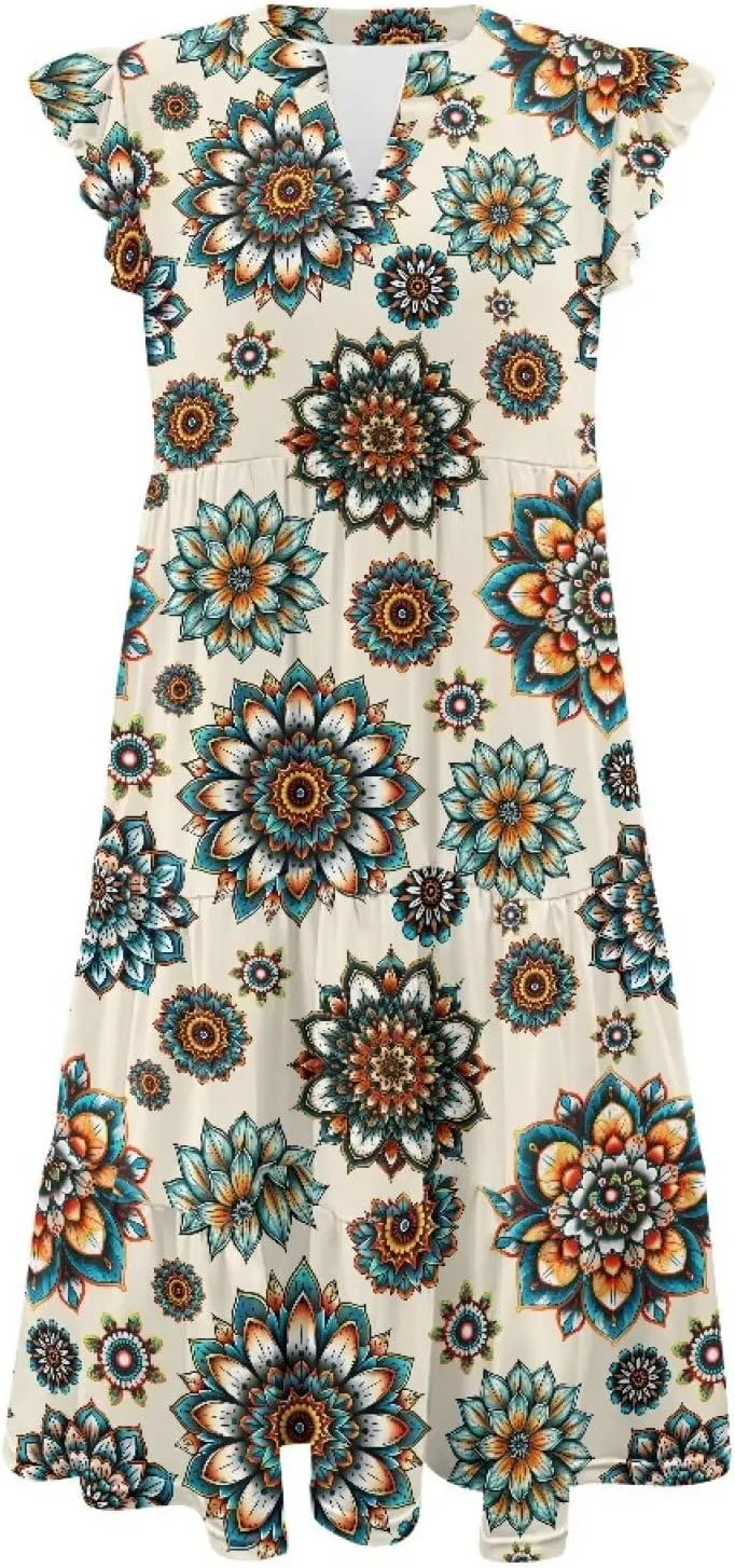 Women's Summer Casual Dresses Ruffle Sleeve V-Neck Flowy Sun Dress Short Party Dress with Pockets, S-2XL