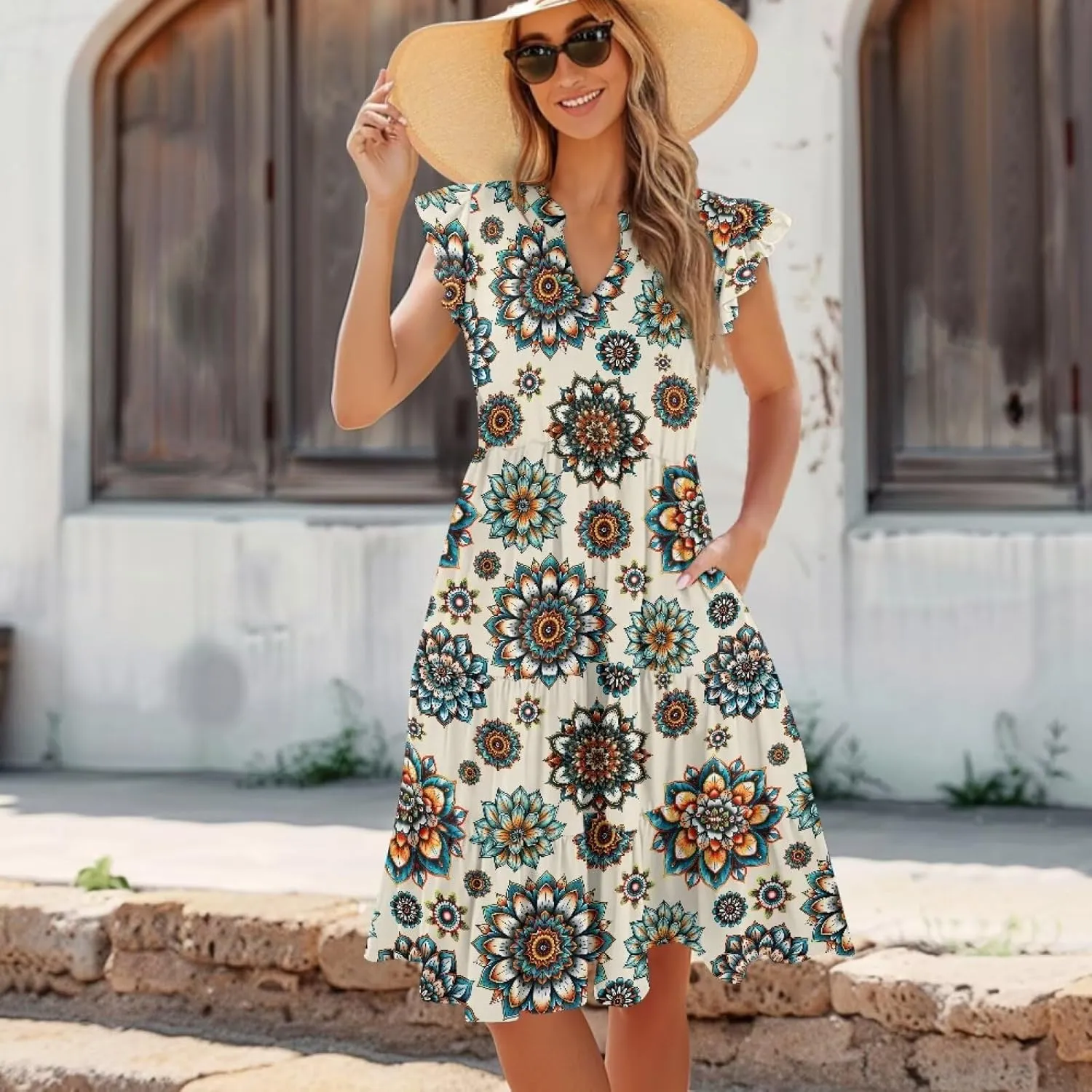 Women's Summer Casual Dresses Ruffle Sleeve V-Neck Flowy Sun Dress Short Party Dress with Pockets, S-2XL