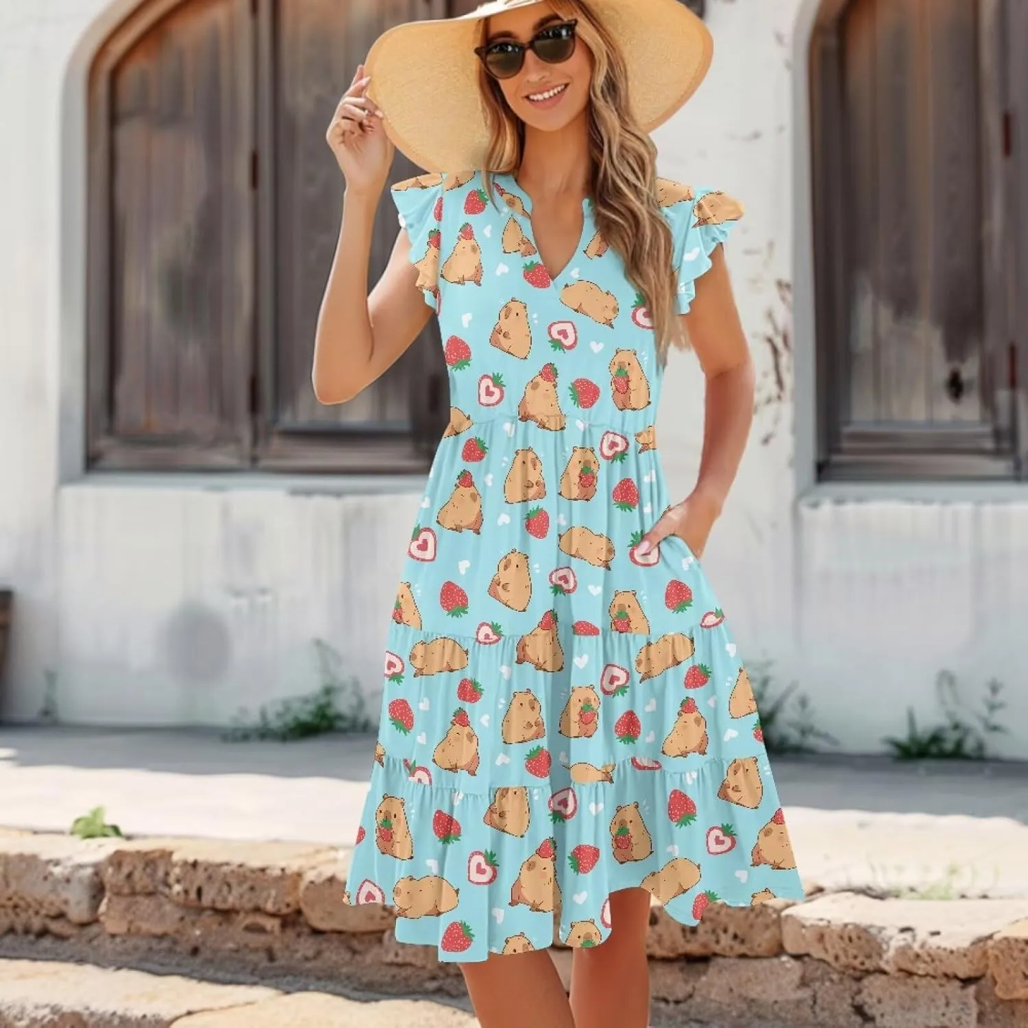 Women's Summer Casual Dresses Ruffle Sleeve V-Neck Flowy Sun Dress Short Party Dress with Pockets, S-2XL