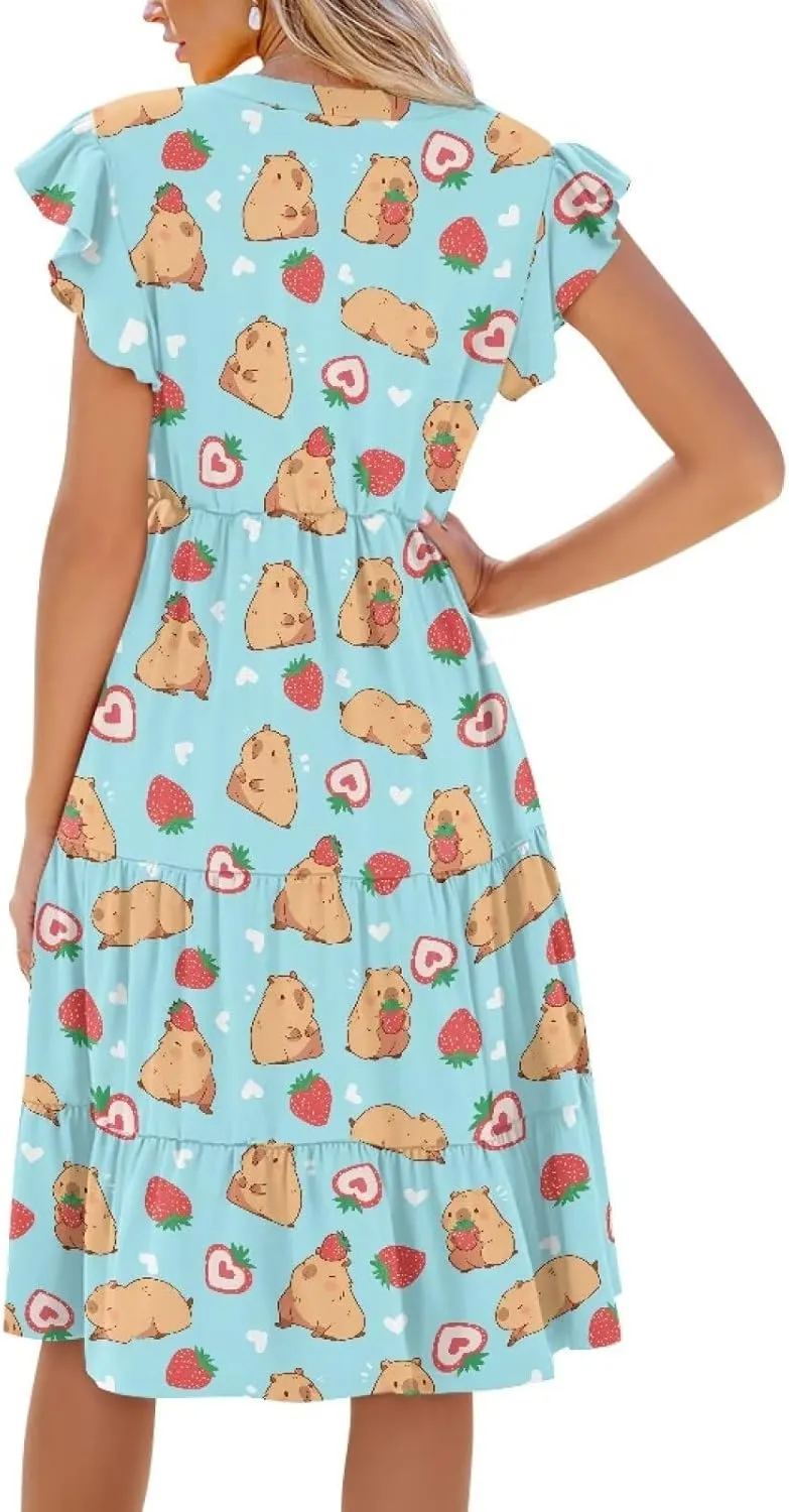 Women's Summer Casual Dresses Ruffle Sleeve V-Neck Flowy Sun Dress Short Party Dress with Pockets, S-2XL