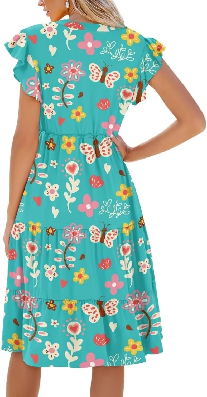 Women's Summer Casual Dresses Ruffle Sleeve V-Neck Flowy Sun Dress Short Party Dress with Pockets, S-2XL