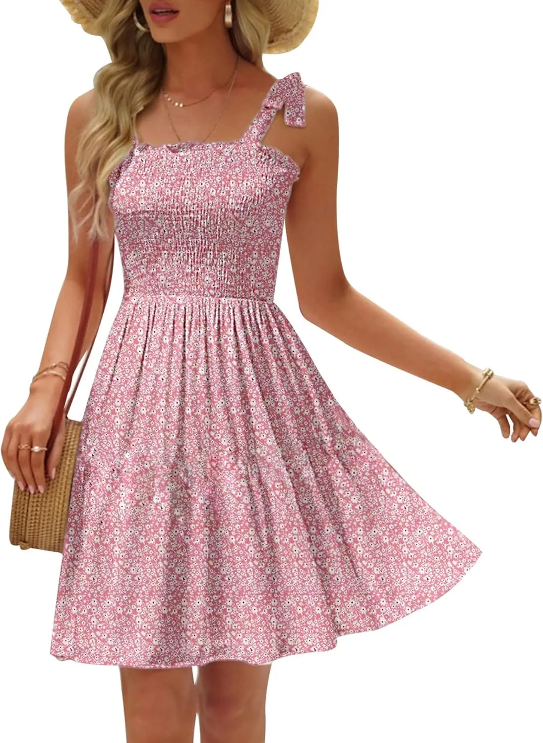 Womens Summer Casual Dresses Spaghetti Strap Smocked Mini Dress
