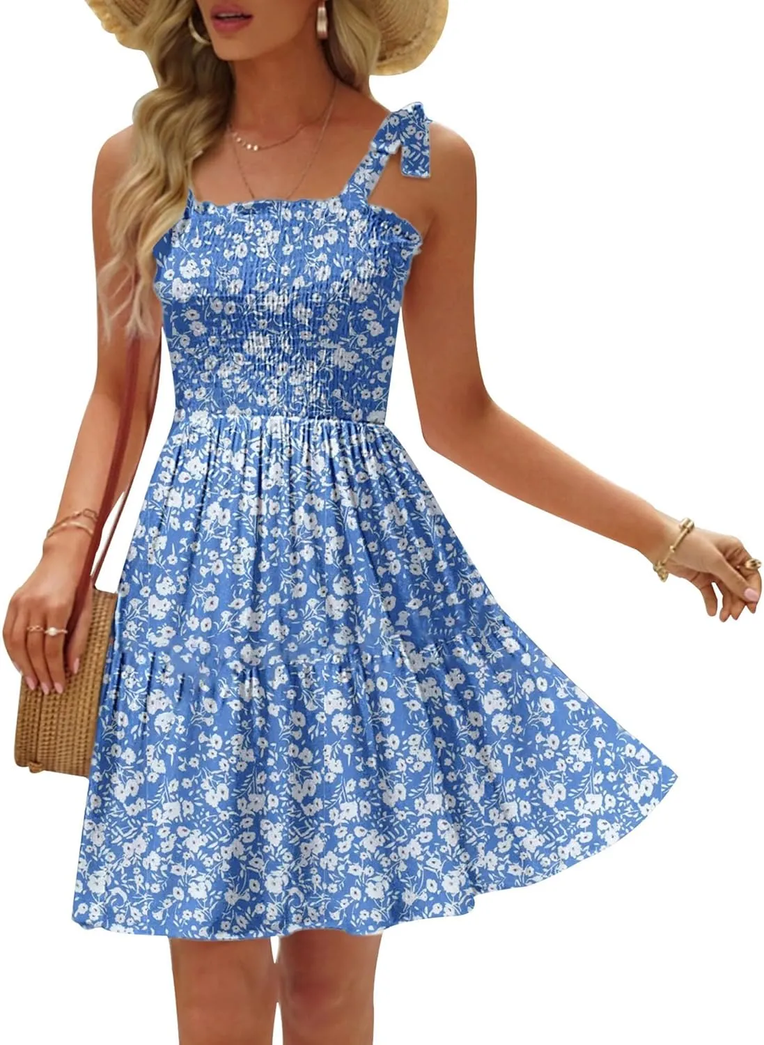 Womens Summer Casual Dresses Spaghetti Strap Smocked Mini Dress