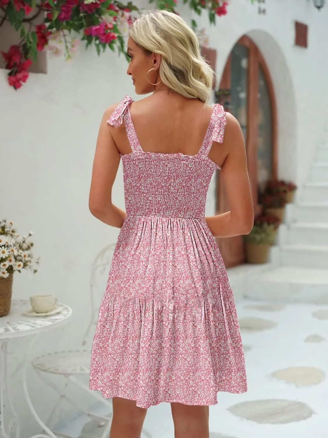 Womens Summer Casual Dresses Spaghetti Strap Smocked Mini Dress