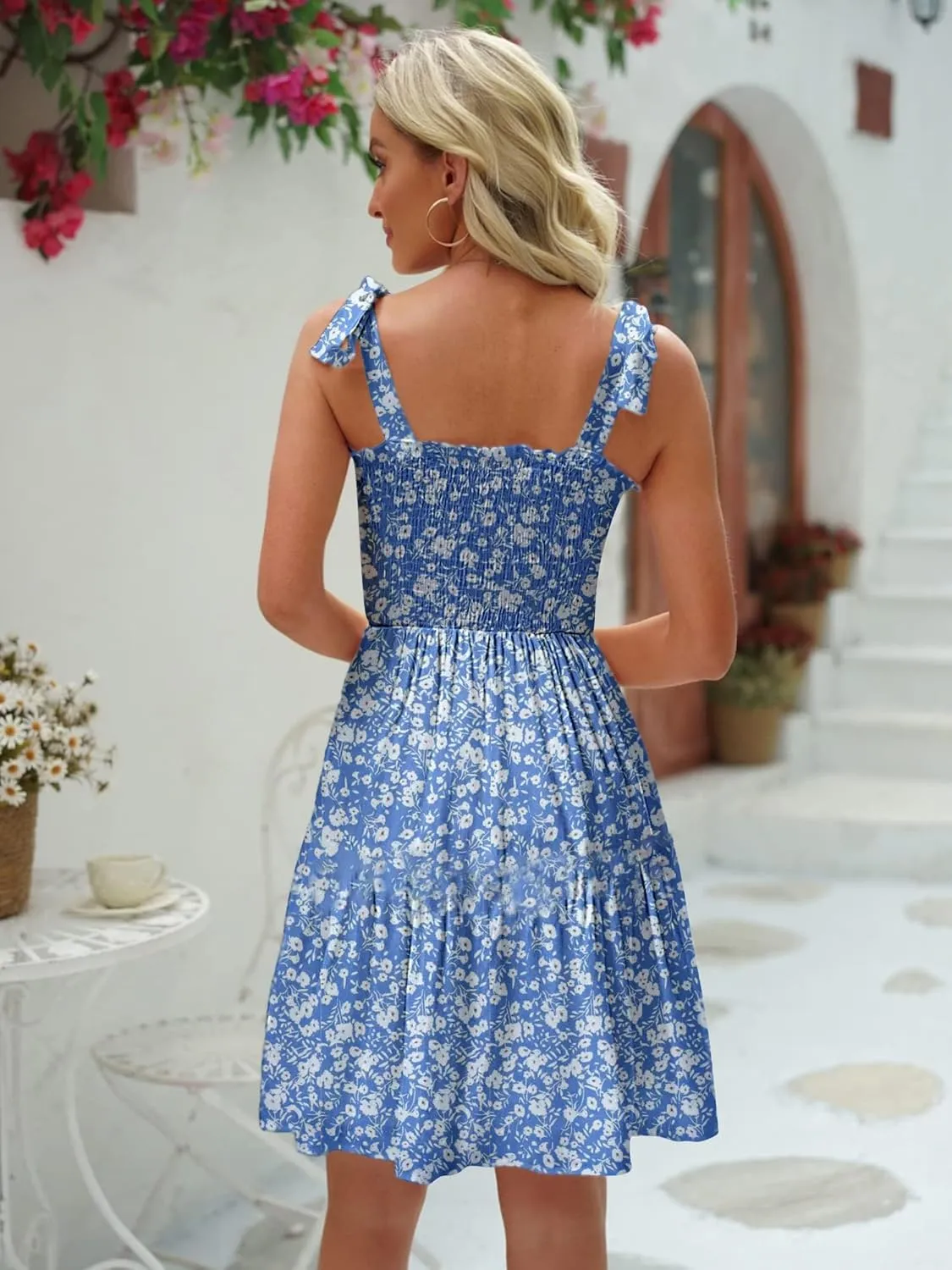 Womens Summer Casual Dresses Spaghetti Strap Smocked Mini Dress