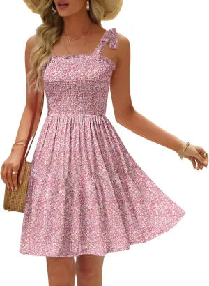 Womens Summer Casual Dresses Spaghetti Strap Smocked Mini Dress