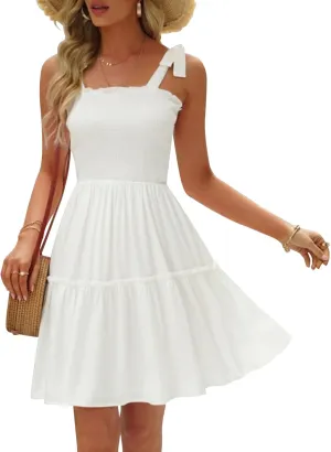 Womens Summer Casual Dresses Spaghetti Strap Smocked Mini Dress