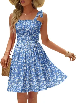 Womens Summer Casual Dresses Spaghetti Strap Smocked Mini Dress