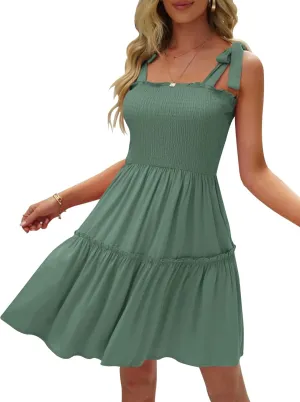 Womens Summer Casual Dresses Spaghetti Strap Smocked Mini Dress
