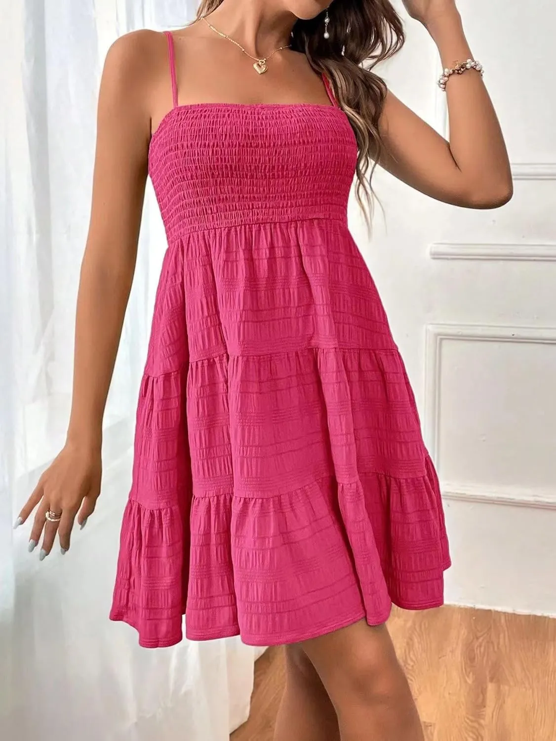 Women's Summer Casual Square Neck Dress Cute Sleeveless High Waist A-line Sundress Mini Dresses