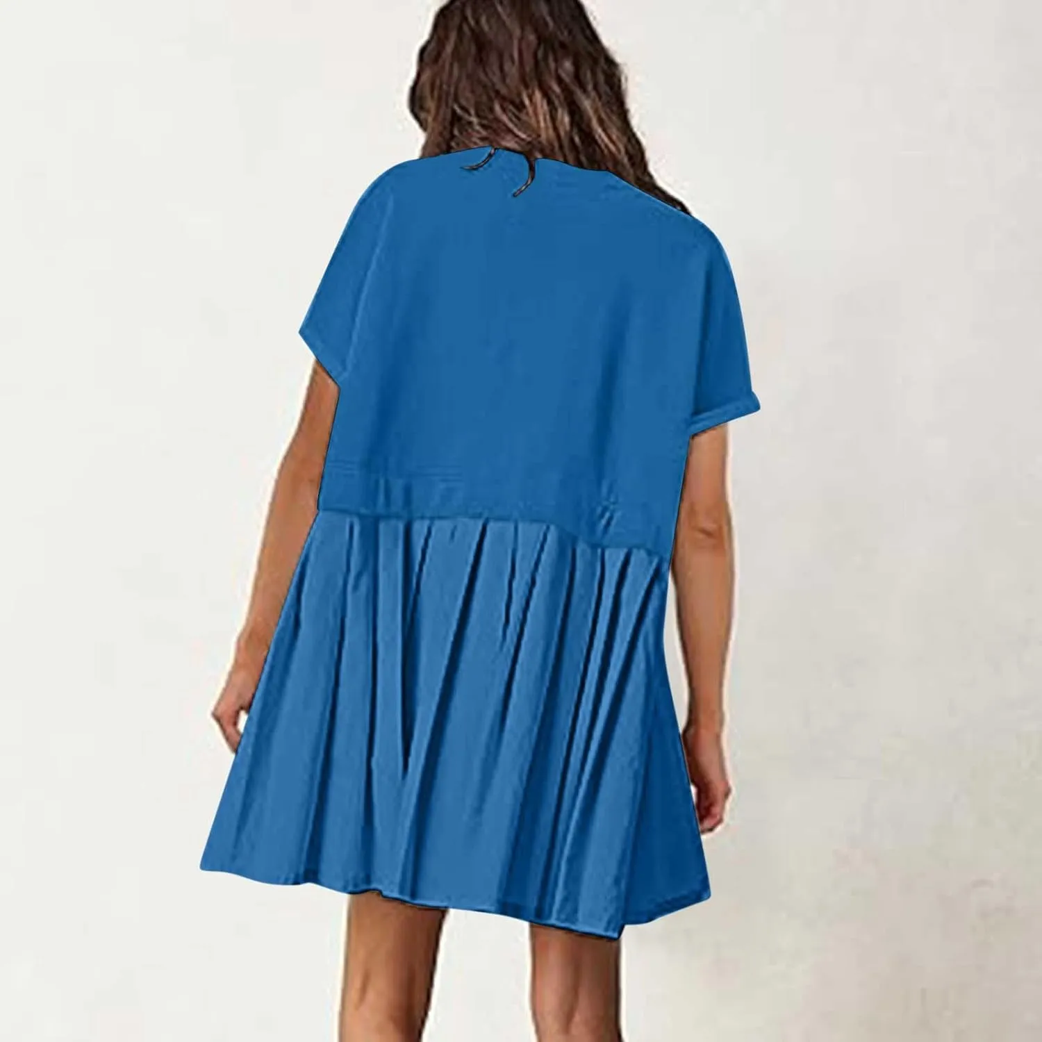 Womens Summer Crew Neck Short Sleeve Dress Classic Patchwork Pleated Flowy Swing Boho Beach A Line Mini Dresses