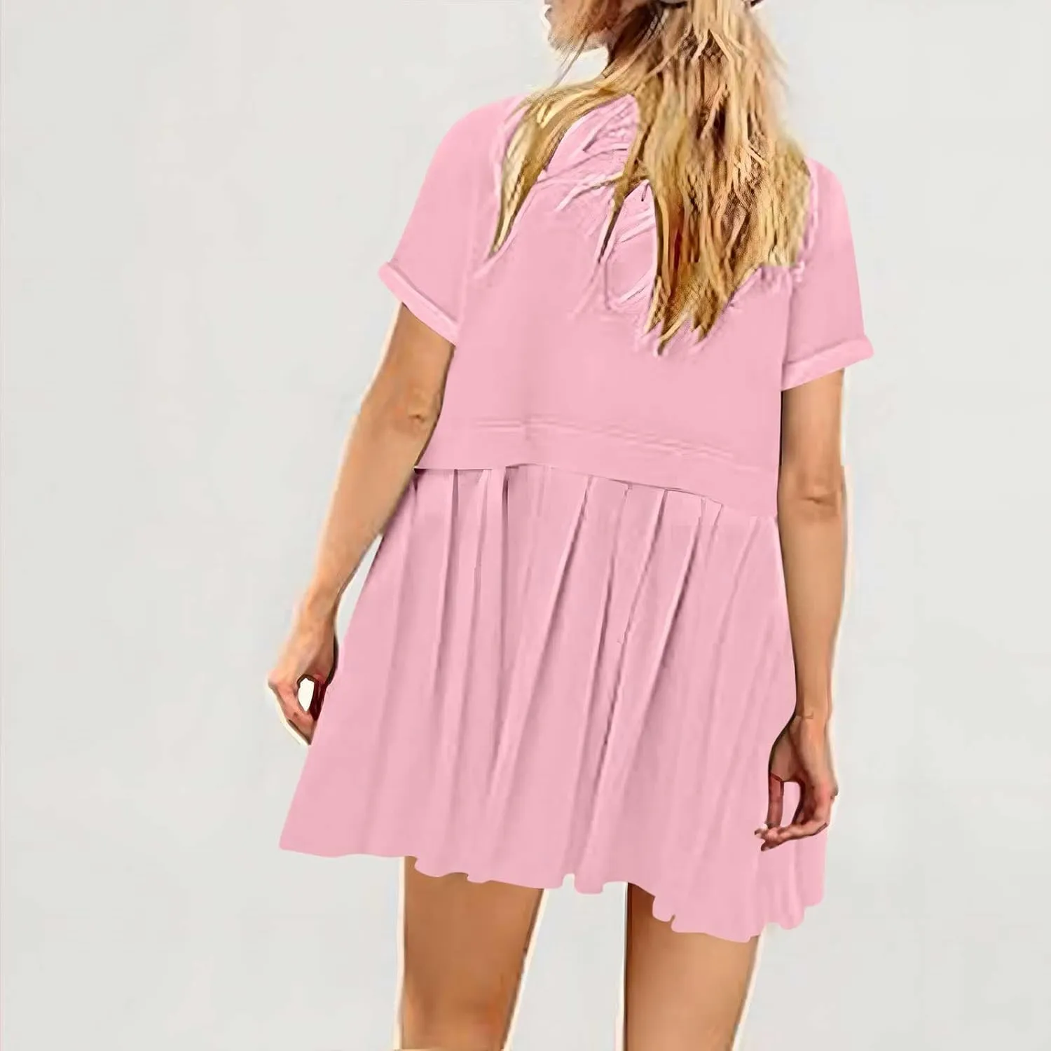 Womens Summer Crew Neck Short Sleeve Dress Classic Patchwork Pleated Flowy Swing Boho Beach A Line Mini Dresses