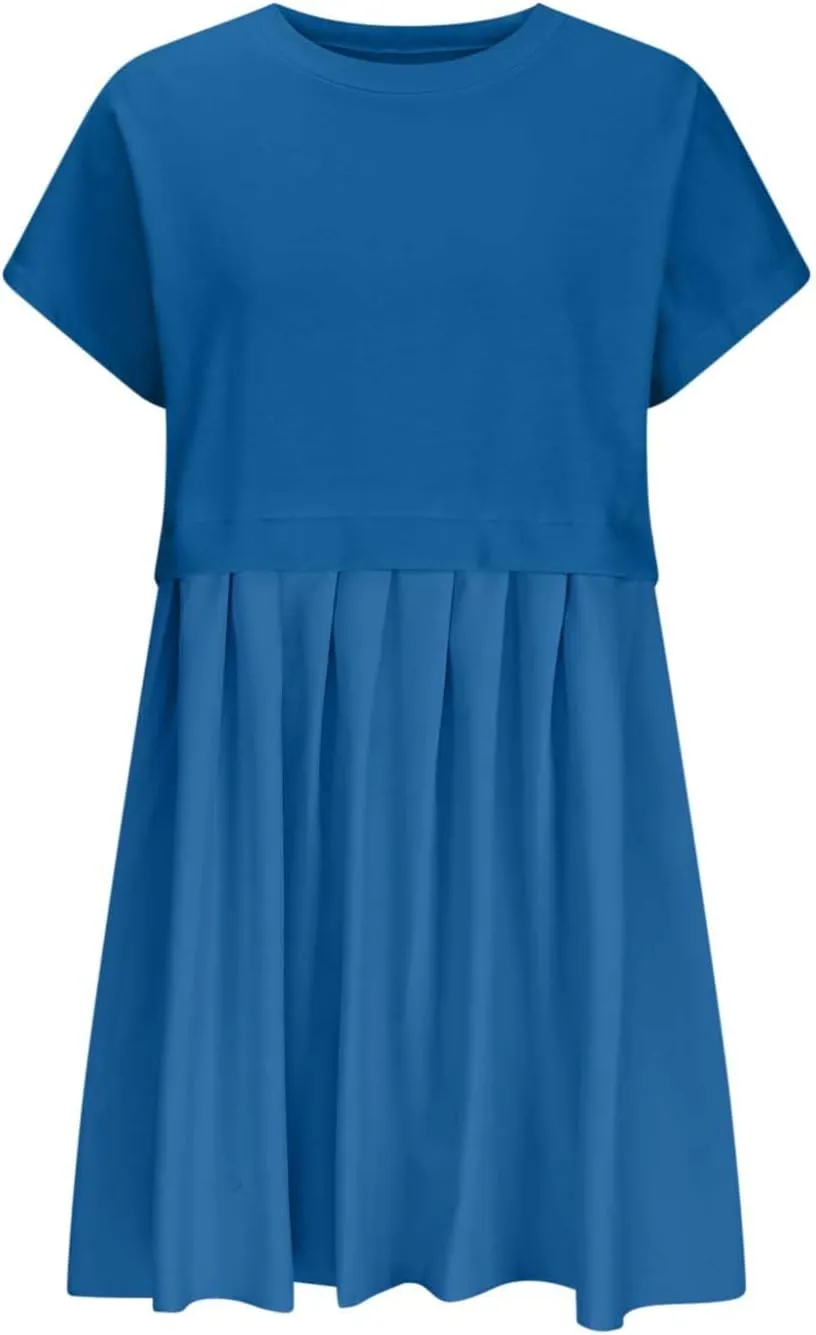Womens Summer Crew Neck Short Sleeve Dress Classic Patchwork Pleated Flowy Swing Boho Beach A Line Mini Dresses