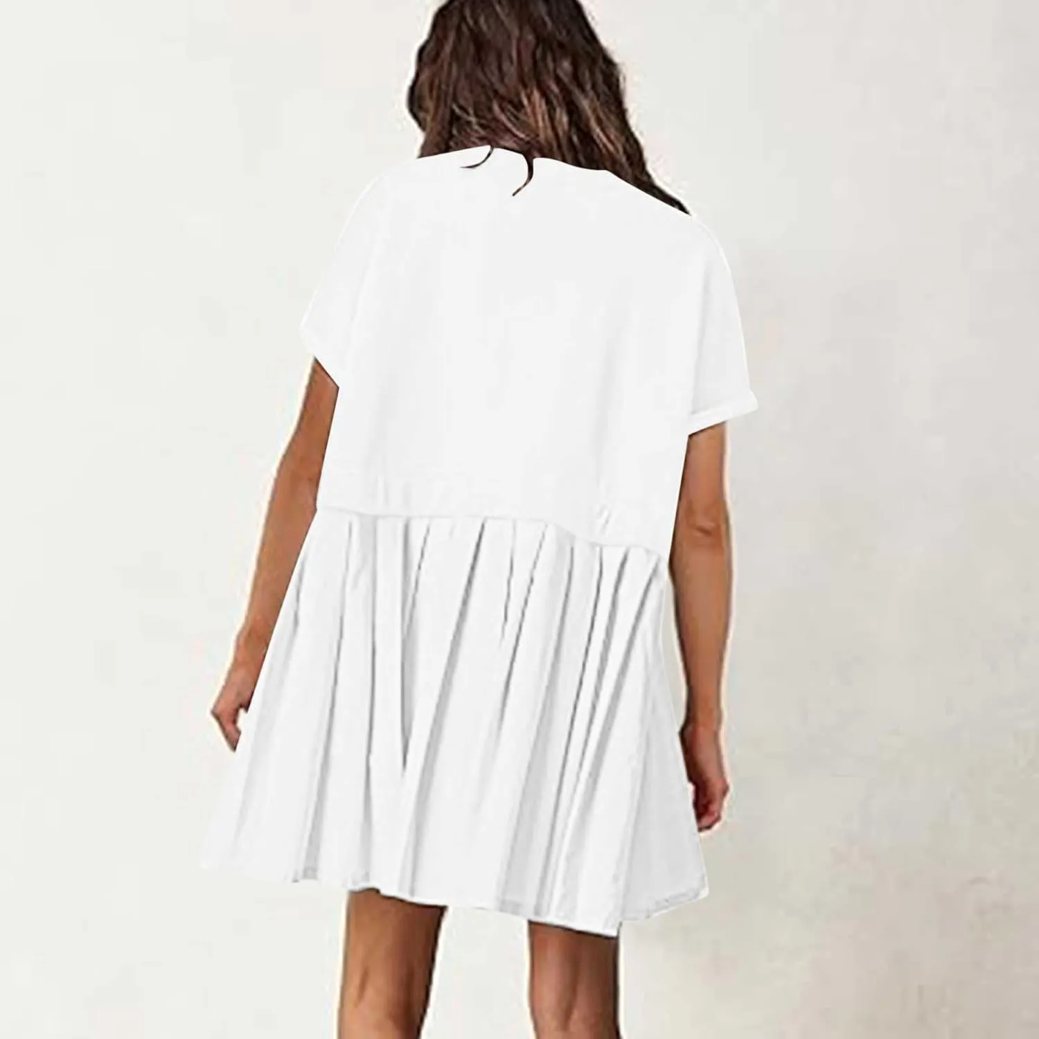 Womens Summer Crew Neck Short Sleeve Dress Classic Patchwork Pleated Flowy Swing Boho Beach A Line Mini Dresses