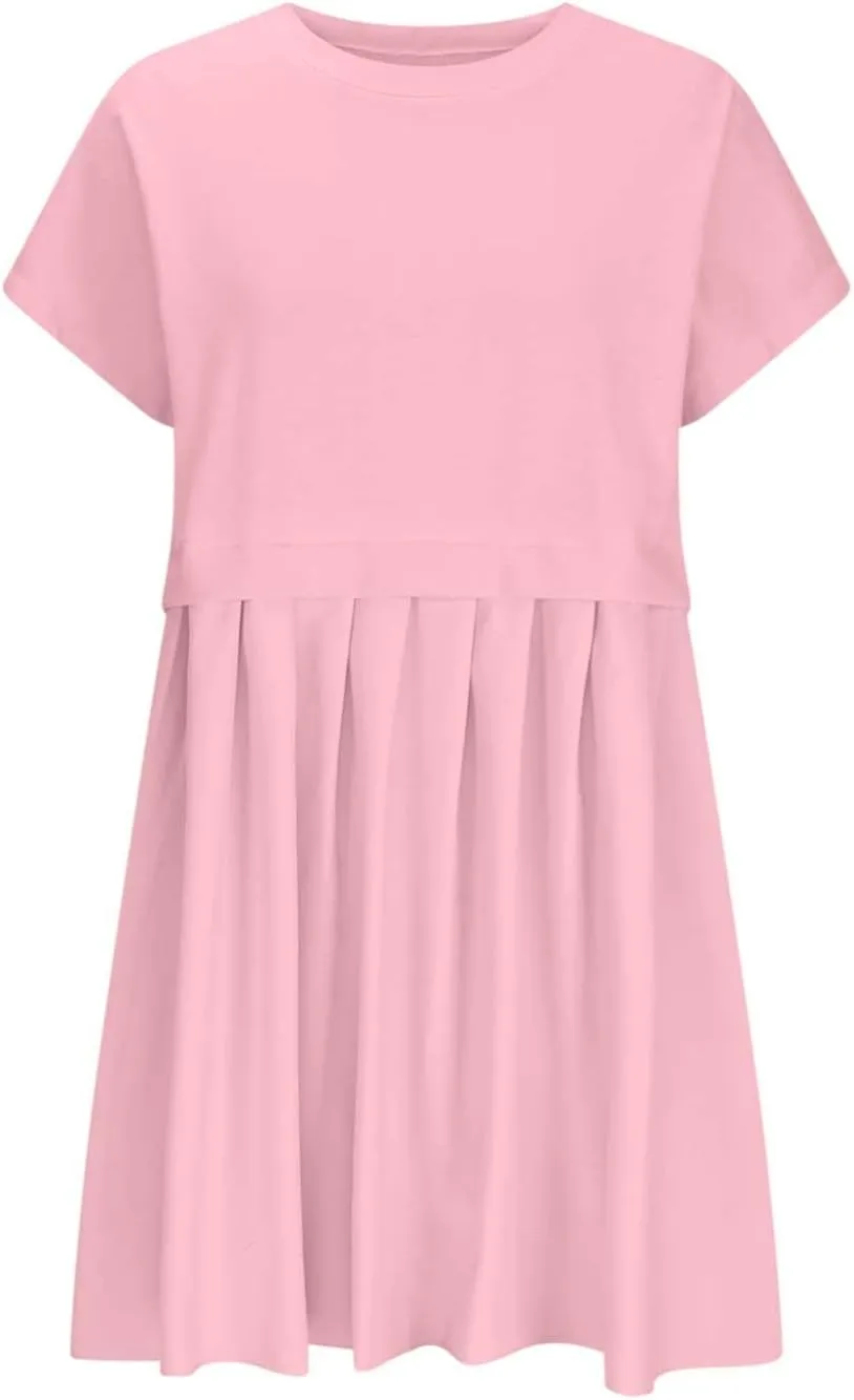 Womens Summer Crew Neck Short Sleeve Dress Classic Patchwork Pleated Flowy Swing Boho Beach A Line Mini Dresses